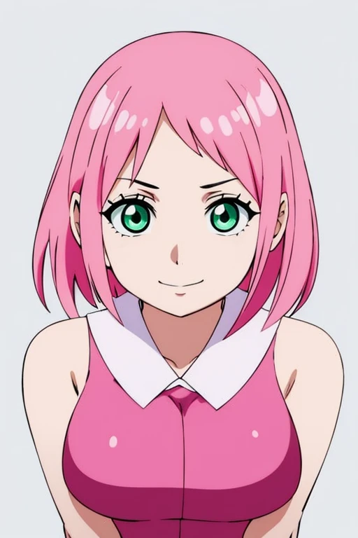 1 girl, pink hair, haruno_sakura, alone, smile, looking at viewer, green eyes, simple background, sleeveless, white background, chibi, short hair, closed mouth, bikini, big breasts, meaty thighs, sexy face, full body, sexy bodysuit