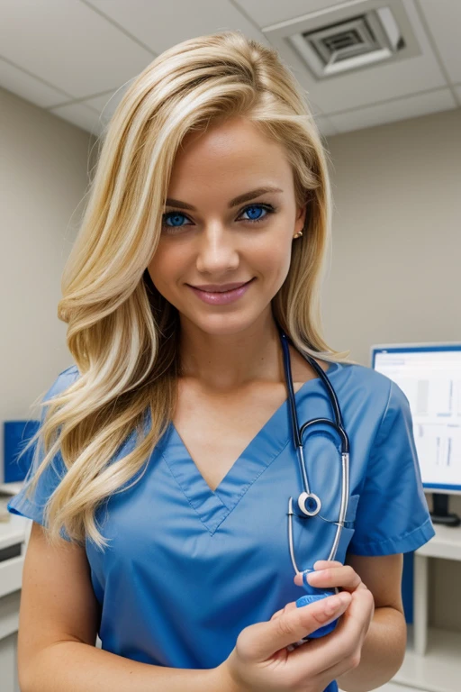 Very attractive blonde woman, doctor. natural blue eyes, facing the camera. Smiling. In an expensive clinic. Holding a chastity cage in her hands. Safe for work.