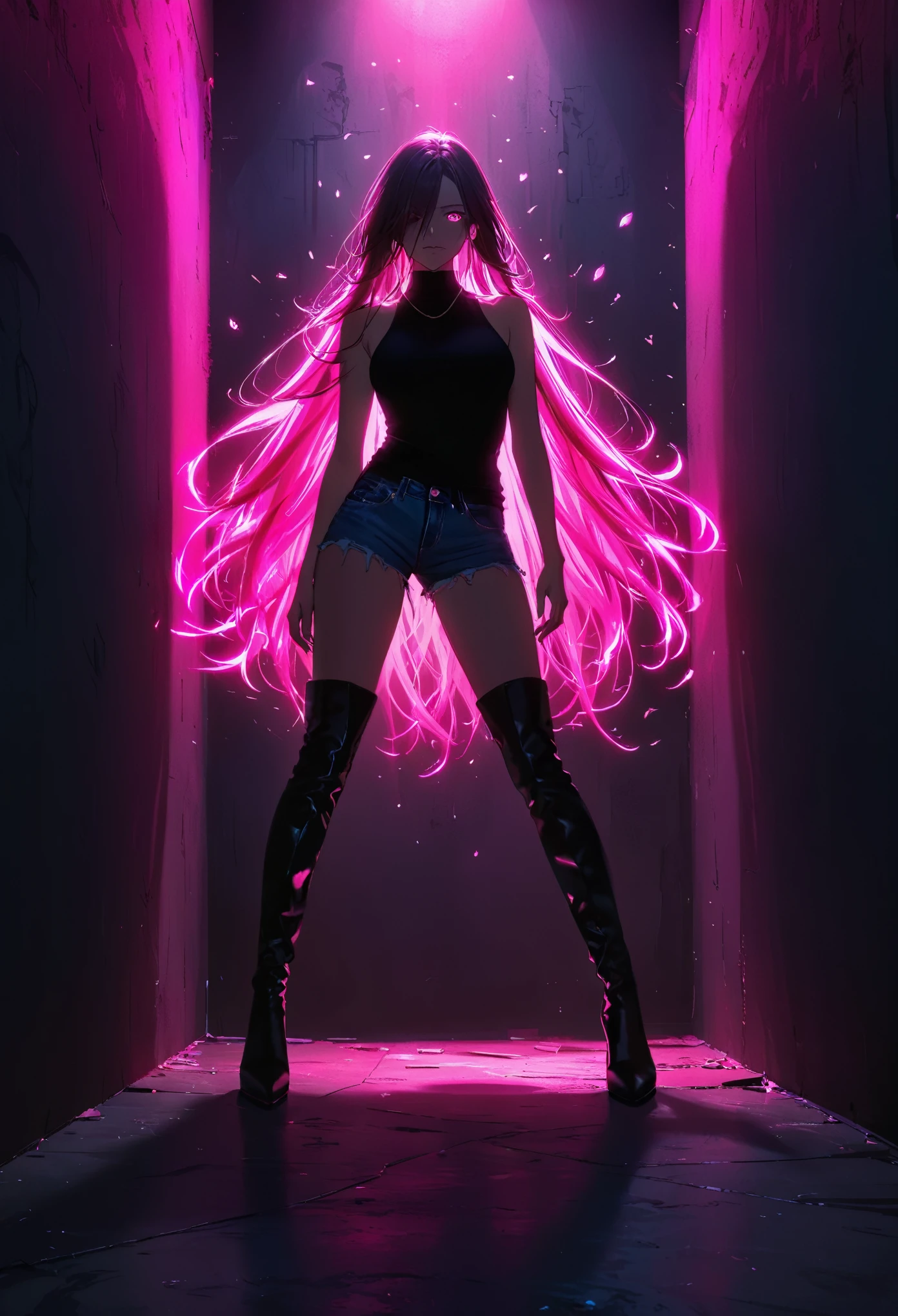 (Portrait of a mysterious giant eye), indoor, Fluorescent illumination, (Darkness shrouded, Wall background, black background, shadow, extreme darkness:2.0), Minimalist graffiti style background, Fluorescent pink eye graffiti, Dark atmosphere, 1girl, Oversized black T-shirt, midlle breasts, Waistless T-shirt, underboob, blurred background, Blurred foreground, neon Pink glowing hair, neon pink glowing eyes, Bare shoulder, presenting armpit, Kneel on the ground, Unbelievably long hair, Messy hair, Low rise denim shorts, Over-the-knee boots, pink eye shadow, Eye of destruction, Poker face, silhouette, cowboy shot, Surrealism, perspective, cowboy shot, pov, UHD, anatomically correct, super detail, best quality, 16k, masterpiece