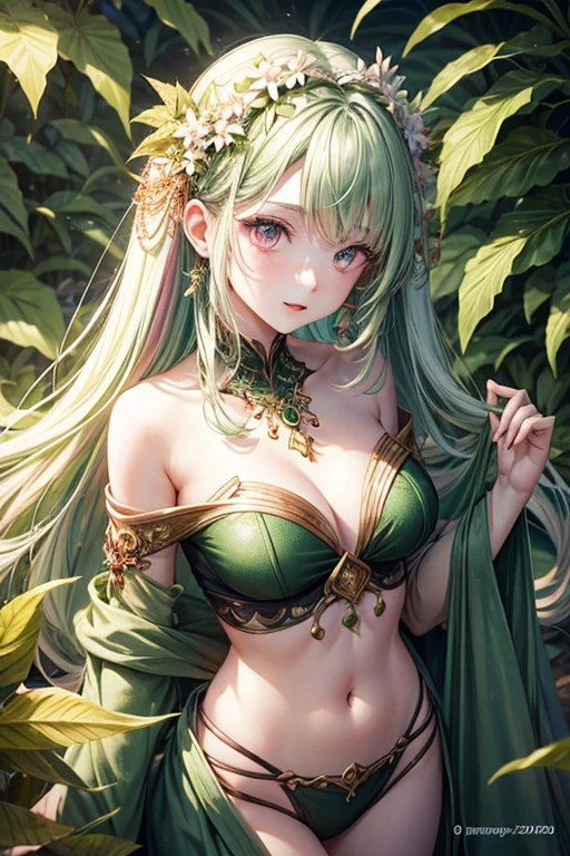 20 year old woman pale green skin with leaves for hair pink eyes clothes made of leaves flower decorations forest background