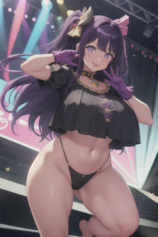 girl, full body, cowboy shot, (Rembrandt), illustration, (masterpiece), (best quality), (ultra_detailed), finely detail, (Depth of field), HshinoAi, idol, gloves, tongue out, tongue, long hair, star \(symbol\), looking at viewer, (purple hair:1.2), purple eyes, upper body, hair ornament, :p, idol, symbol-shaped pupils, hands up,hands in the air, jumping, bikini, exposed midriff, underboob, bouncing breasts, collar,blushing,sweating, (breathing hard), (panting), anime, farm, smile, huge ass, huge breasts, huge thighs, narrow waist, wide hips, thick thighs, curvy, bangs, one side up, star-shaped pupils, on stage,