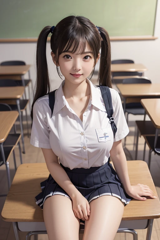 (reality: 1.4),highest quality, masterpiece, Attention to detail, 16K quality, beautiful, 1 beautiful girl,Japanese,super beautiful face,Baby Face,Japanese idol face,Cute face,Highly detailed face,Detailed hand,beautiful skin,Oily skin,Big eyes,Professional Lighting,Twin tails,Black Hair,brown beautiful eyes, smile,, White shirt,Open button,See-ugh nipples,(Check White panties,(Showing pantick high socks,Sprr legs, She is looking at the camera,classroom, Browsing Caution,From directly below,Are standing,Skirt flip,