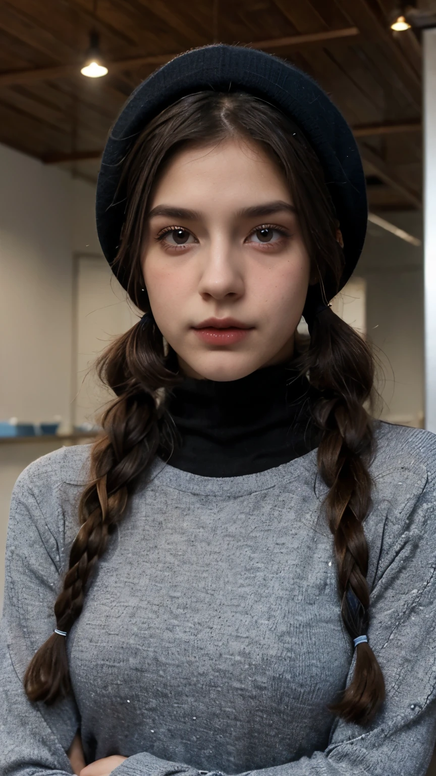 A cover for a psychological horror book in which there is a thin boy with long black hair with white tips and two pigtails, sin vello, brown eyes with blue centers, shy face and is wearing a gray sweater with sleeves and black cap. The other character is a thin boy but with some muscles., sin vello, somewhat long, slicked back brown hair, ojos rasgados y de color negro, serious face, usa un traje formal