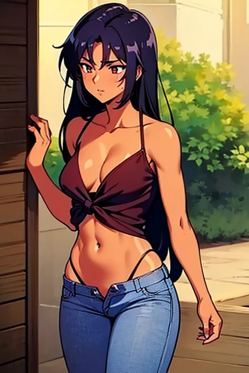 ((masterpiece)), (detailed), dark tanned skin anime woman in a deep V-neck tied top, (bare shoulders), (bare arms), (jeans), (long hair), starving, (resting hands on the stomach), (hands on the stomach), (slim body), light blush