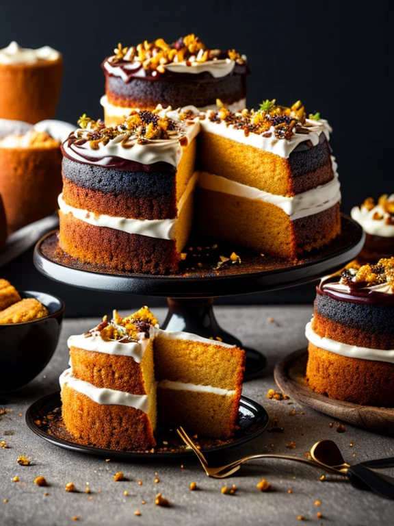 (masterpiece:1.2), (best quality), (ultra-detailed), (8k, 4k, intricate),(highly detailed:1.2), (detailed background), ((portrait)), foodstyle, food, blurry, depth of field, table, food focus, cakes, with the dark black background and aesthetic representation, shiny poster, sprincles, eye catching, tet can be written.