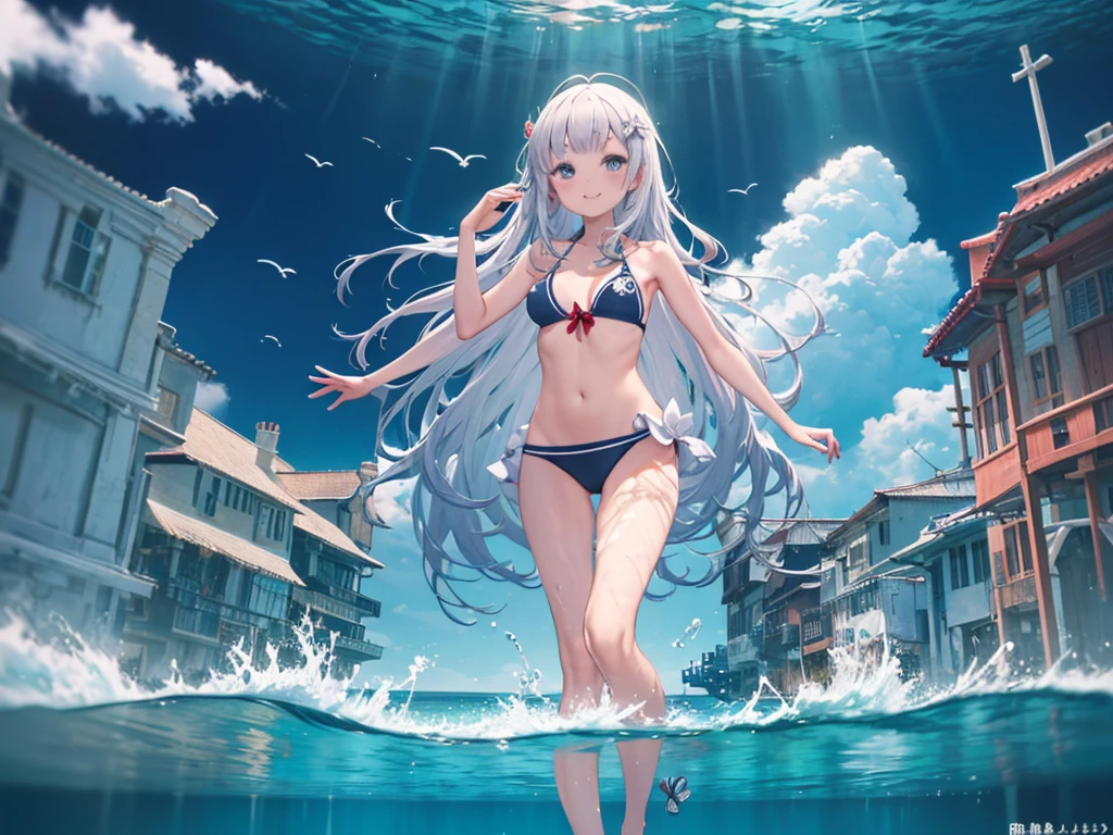 masterpiece、highest quality、High resolution、Very detailed、Girl、(((In the water、Sea、In the sea、Swimming)))、scuba diving、Bikini Swimwear、High leg、long hair、Bubble、grace、smile、Sea遺跡、coral、Sand、