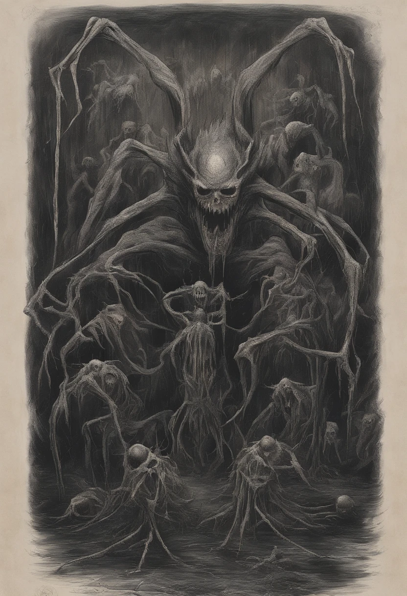 I would like you to create a horror image, but as if it were a handmade drawing with charcoal pencils. The cartoon has to have two thin and tall monsters in a macabre dance , with horrible smiles full of pointy teeth, they have huge tongues from which a lot of venom drips, your eyes are bulging