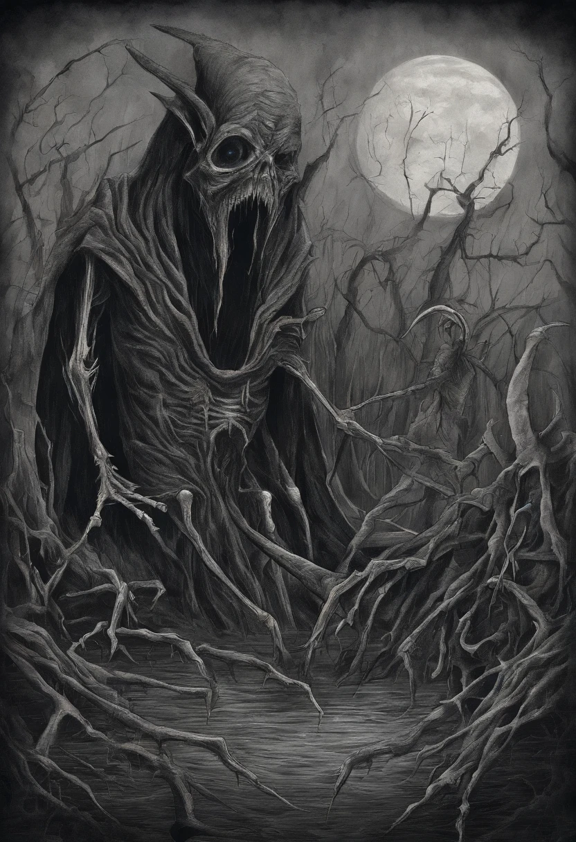 I would like you to create a horror image, but as if it were a handmade drawing with charcoal pencils. The cartoon has to have two thin and tall monsters in a macabre dance , with horrible smiles full of pointy teeth, they have huge tongues from which a lot of venom drips, your eyes are bulging