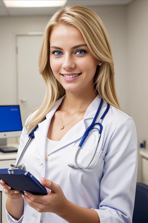 Very attractive blonde woman, doctor. navy-blue eyes, facing the camera. Smiling. In an expensive clinic. Holding a chastity cage in her hands. Safe for work.