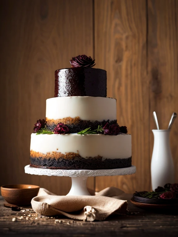 (masterpiece:1.2), (best quality), (ultra-detailed), (8k, 4k, intricate),(highly detailed:1.2), (detailed background), ((portrait)), foodstyle, food, blurry, depth of field, table, food focus, cakes, with the dark black background and aesthetic representation, shiny poster, sprincles, eye catching, tet can be written, more elegant, background dark, transparency, optical
