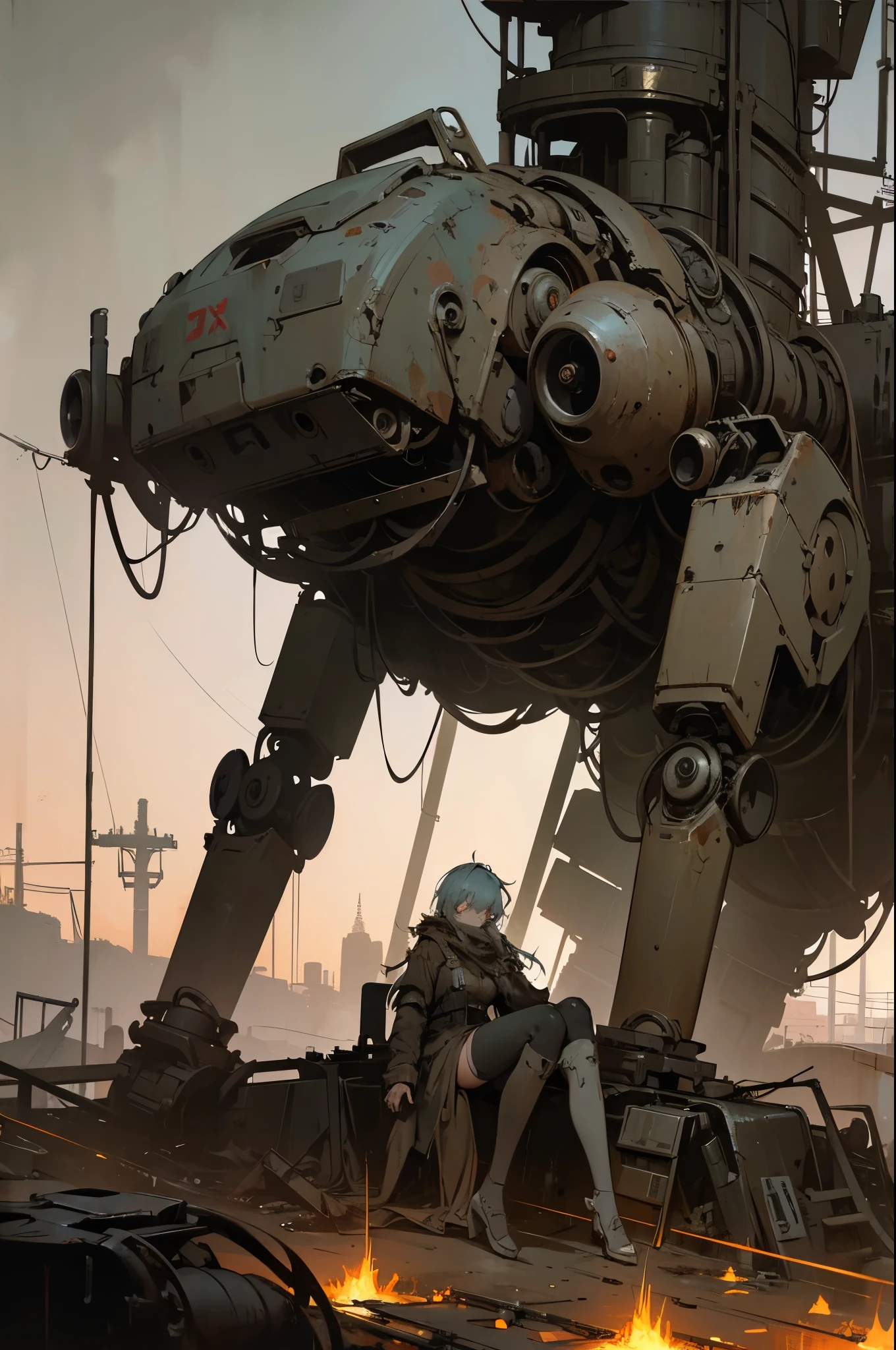 sitting, thigh highs, robotic, exposed machinery, damaged, rough texture, detailed robotic eyes, beautiful eyes, oil painting, rusty metal, flickering lights, desolate landscape, post-apocalyptic, gritty colors, industrial aesthetics