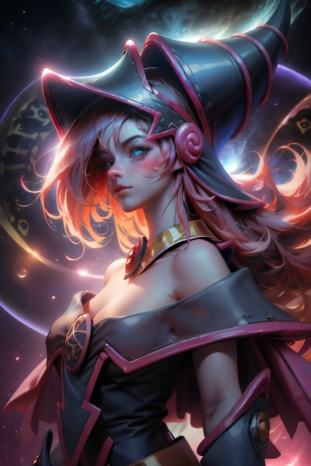 Giles magos oscuros. magos oscuros. ojos azules. cabello rubio. labios rojos. Detailed Features.., cosmic colors, ethereal lighting, Pintura surrealista, high resolution, otherworldly atmosphere, Seres celestiales. Hermosa diosa