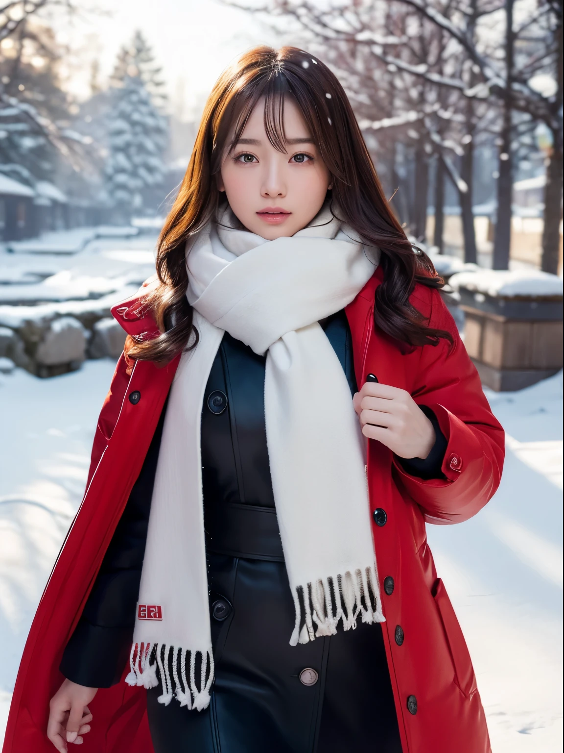 Photorealsitic、Enhanced dynamic perspective，a beauty girl，Winters，snowscape，snowflakes flying、（Lots of snowflakes：1.4），snow cover，Black and red down jacket coat，Thick wool scarf，Looking here，simple backgound，Works of masters，high quarity，4K resolution，super-fine，Detailed pubic hair，acurate，Cinematic lighting