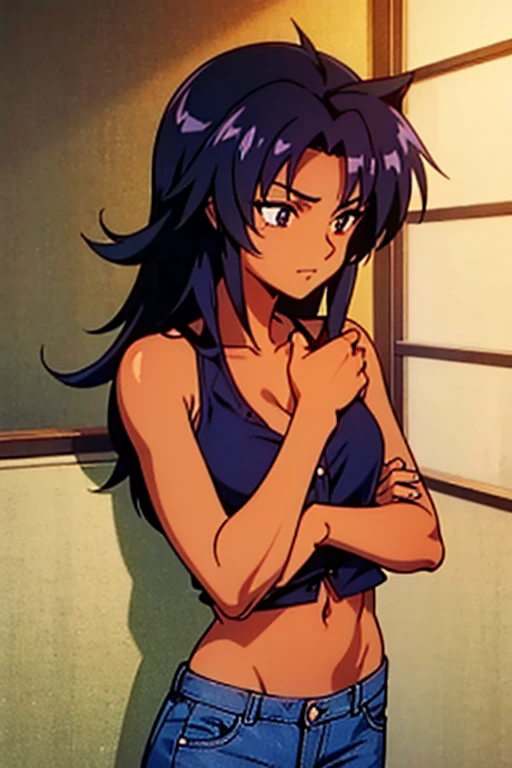 ((masterpiece)), (detailed), dark tanned skin anime woman in a V-neck button-up shirt, (bare shoulders), (bare arms), (jeans), (long hair), starving, (resting hands on the stomach), (hands on the stomach), (slim body), resting hands on top of the tummy