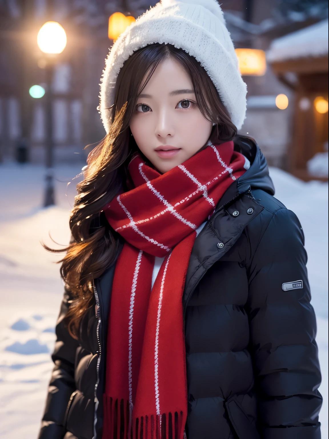 Photorealsitic、Enhanced dynamic perspective，a beauty girl，Winters，snowscape，snowflakes flying、（Lots of snowflakes：1.4），snow cover，Black and red down jacket coat，Thick wool scarf，Looking here，simple backgound，Works of masters，high quarity，4K resolution，super-fine，Detailed pubic hair，acurate，Cinematic lighting