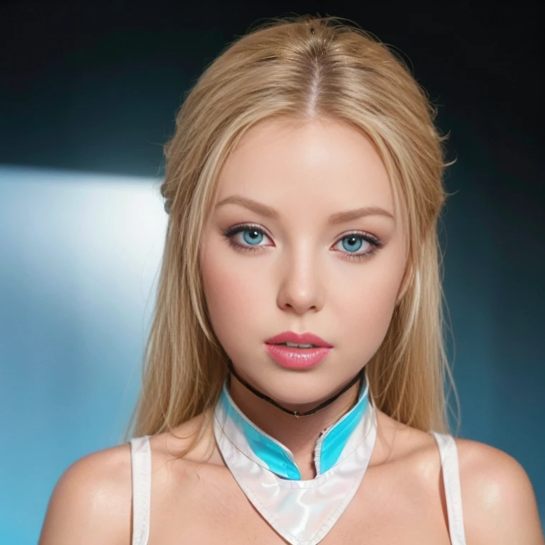 hyper realistic, 16k, best quality, masterpiece, (photorealistic:1.4), 1girl (alone), solo. Pretty young. pale-blond hair (realistic texture). turquoise-blue eyes, pele-white skin, illuminated skin, realistic shading, white shirt with collars, (latex) black mini-skirt, black pantyhose (transparent),  waist up, dramatic lighting, from below, front view, multiple different poses at different angles, glowing skin, front, back lighting, athletic figure, muscular female, curvy, wide hips, colorful, looking at viewer, Hyperrealistic, gradient background, dark background, outline, cinematic lighting, (chromatic aberration, intricate details)