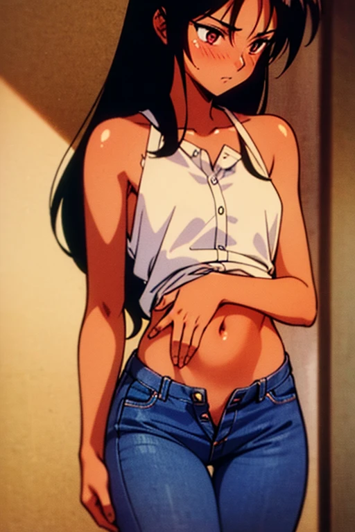 ((masterpiece)), (detailed), dark tanned skin anime woman in a button-up shirt, (bare shoulders), (bare arms), (jeans), (long hair), starving, (resting hands on the stomach), (hands on the stomach), (slim body), light blush