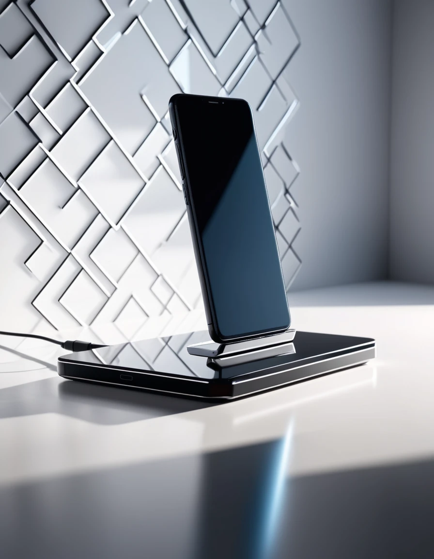 A sleek and modern product photography scene, with a minimalist smartphone hovering above a polished surface with geometric light patterns. Cinematic, high contrast, 8K.