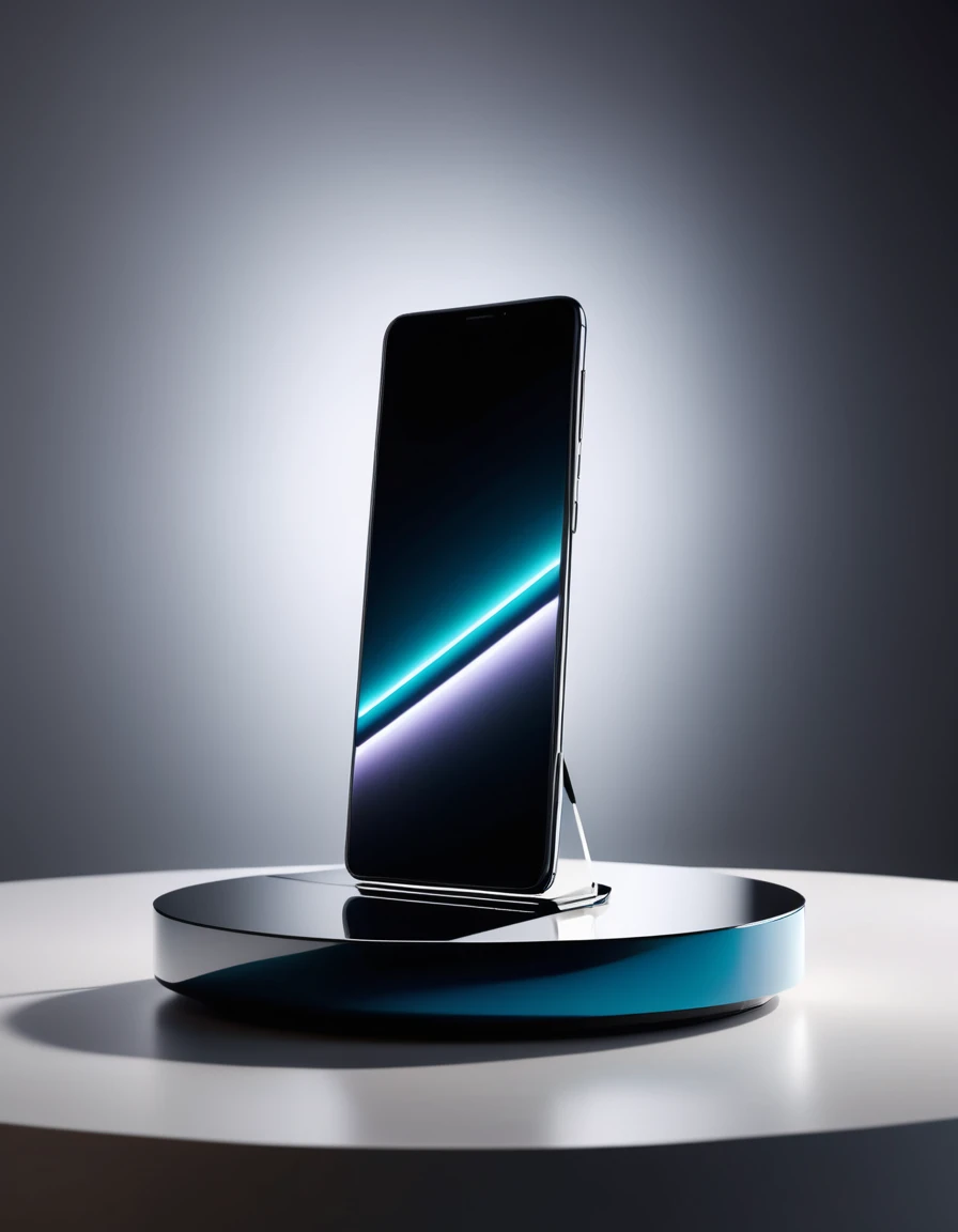 A sleek and modern product photography scene, with a minimalist smartphone hovering above a polished surface with geometric light patterns. Cinematic, high contrast, 8K.