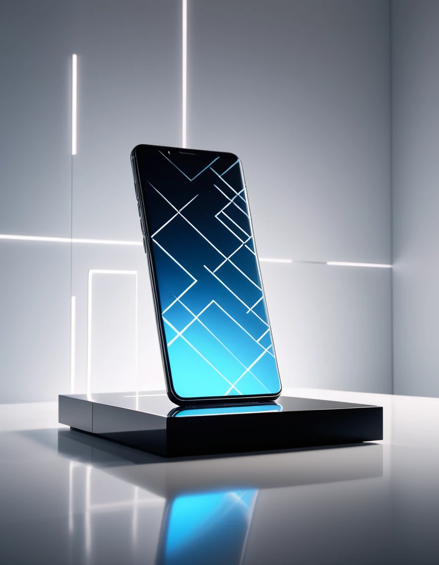 A sleek and modern product photography scene, with a minimalist smartphone hovering above a polished surface with geometric light patterns. Cinematic, high contrast, 8K.