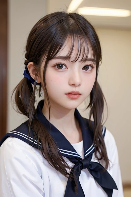 ((highest quality、8k、masterpiece:1.5))、One Girl、(Unhealthy face)、(To the letter)、Blunt bangs、(Lots of vans:1.3)、(Whole Body Ezbian:1.4)、(Symmetrical face)、Highly detailed face、Highly detailed mouth、Detailed eyes、Fine ears、Slim face、(Self Snap:1.3)、(look up)、(From above)、(Twin tails、Ahoge:1.3)、(Upper Eye)、The background is blurred、(Sailor suit:1.4)、Lip gloss、()、(Turn off the light)、