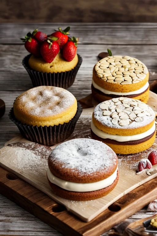 cakes on a wooden table, photography, realistic,