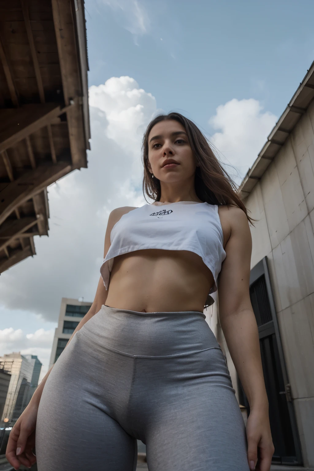 "A towering giantess in a cool and relaxed hippie style is wearing a crop top and leggings. His toned, athletic build suggests his enormous strength. Ela parece estar passeando casualmente pela movimentada paisagem urbana de GTS City, while imposing buildings rise overhead. Smoke and clouds swirl around you, enhancing the sense of epic scale and drama. The lighting is dark, sombrio, e realista, creating a tense and threatening atmosphere. The perspective is from below, enfatizando a majestade e o poder da Gigante."