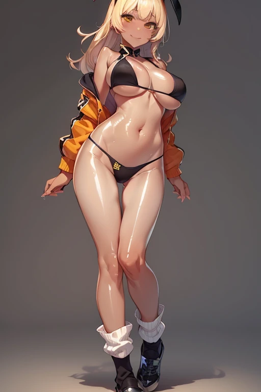 Shot from below、Standing with your legs apart、Standing with feet shoulder-width apart、Cute girl、highest quality、Ultra - High resolution、High resolution、Highly detailed CG、8k unit wallpaper、18-year-old、Careful and gentle eyes,Delicate and beautiful smile、Platinum Blonde Hair、Asymmetrical Hair、((( Dark Skin:1.5)))、(Shiny body,:1.5)、rabbit ears、(((loose socks、big breasts))) 、(Orange motocross jacket with green details, Biker clothes. Detailed design、Skin-colored bikini)Double Peace 、2.5D、My girlfriend、Grab the bikini strings、Tight bikini