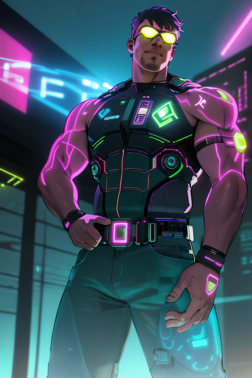(best quality,4k,8k,highres,masterpiece:1.2),ultra-detailed,(realistic,photorealistic,photo-realistic:1.37),cyberpunk hero,mecha style, machine hands, futuristic goggles, digital implants, glowing tattoos, neon-lit cityscape, high-tech weaponry, augmented reality interface, chromatic color scheme, dynamic lighting