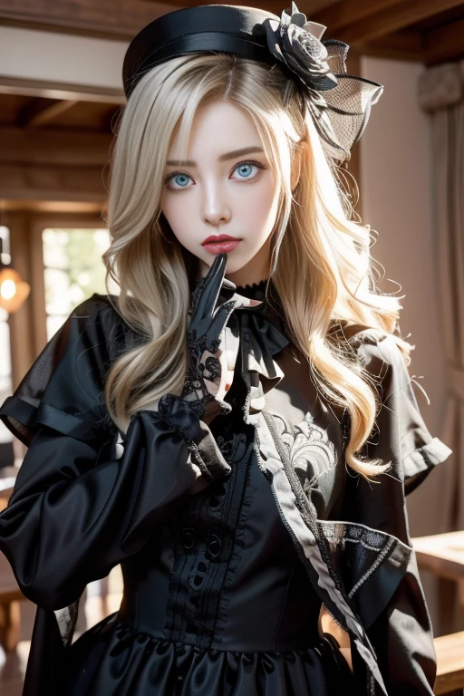 kriemhild, kriemhild, blue eyes, long hair, mole, mole under eye, pale skin, white hair, wavy hair,
BREAK ascot, black capelet, black dress, black flower, black gloves, black headwear, black rose, capelet, dress, flower, gloves, hat, long sleeves, rose, veil,
BREAK looking at viewer,
BREAK indoors,
BREAK (masterpiece:1.2), best quality, high resolution, unity 8k wallpaper, (illustration:0.8), (beautiful detailed eyes:1.6), extremely detailed face, perfect lighting, extremely detailed CG, (perfect hands, perfect anatomy),