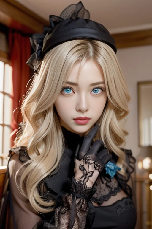 kriemhild, kriemhild, blue eyes, long hair, mole, mole under eye, pale skin, white hair, wavy hair,
BREAK ascot, black capelet, black dress, black flower, black gloves, black headwear, black rose, capelet, dress, flower, gloves, hat, long sleeves, rose, veil,
BREAK looking at viewer,
BREAK indoors,
BREAK (masterpiece:1.2), best quality, high resolution, unity 8k wallpaper, (illustration:0.8), (beautiful detailed eyes:1.6), extremely detailed face, perfect lighting, extremely detailed CG, (perfect hands, perfect anatomy),