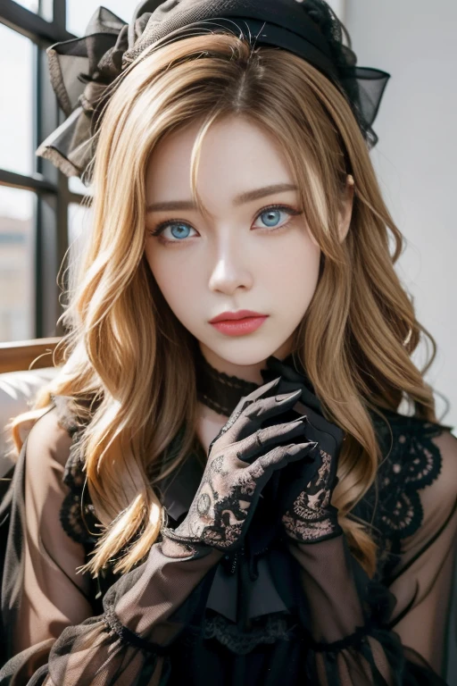 kriemhild, kriemhild, blue eyes, long hair, mole, mole under eye, pale skin, white hair, wavy hair,
BREAK ascot, black capelet, black dress, black flower, black gloves, black headwear, black rose, capelet, dress, flower, gloves, hat, long sleeves, rose, veil,
BREAK looking at viewer,
BREAK indoors,
BREAK (masterpiece:1.2), best quality, high resolution, unity 8k wallpaper, (illustration:0.8), (beautiful detailed eyes:1.6), extremely detailed face, perfect lighting, extremely detailed CG, (perfect hands, perfect anatomy),