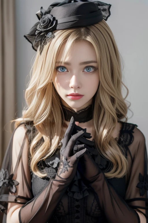 kriemhild, kriemhild, blue eyes, long hair, mole, mole under eye, pale skin, white hair, wavy hair,
BREAK ascot, black capelet, black dress, black flower, black gloves, black headwear, black rose, capelet, dress, flower, gloves, hat, long sleeves, rose, veil,
BREAK looking at viewer,
BREAK indoors,
BREAK (masterpiece:1.2), best quality, high resolution, unity 8k wallpaper, (illustration:0.8), (beautiful detailed eyes:1.6), extremely detailed face, perfect lighting, extremely detailed CG, (perfect hands, perfect anatomy),