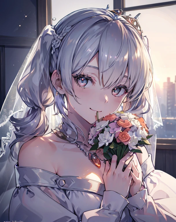 (from above:1.2),(from side:0.9), ((Face)), (Close-Up:0.4), ((looking at viewer, holding a bouquet to his mouth)), highest quality、(real、photorealistic:1.4)、(RAW photo:1.2)、very detailed CG unity 8k wallpaper, delicate and beautiful, wonderful, Fine detail, official art, huge file size, Ultra-detailed, very detailed girl, very detailed eyes and face, Bright on the face、(20 age girl:1.0)、small smile, smiling, (twintail hair:1.25), hair between eyes, hair twintails, (long hair:1.25), tiara,ruany,off-shoulder dress,pearl ,(gemstone),tiara,veil,wedding dress, wedding necklace, wedding long gloves, (luxurious bouquet), chapel, Stained glass,(best quality, highres, masterpiece:1.2), ultra-detailed, (realistic:1.37) illustration, erotic style, soft lighting, sweat glistening on her body, gentle warmth, mysterious, small breast,narrow waist,(with sparkling eyes and a contagious smile),her thin pubic hair, looking at viewer,