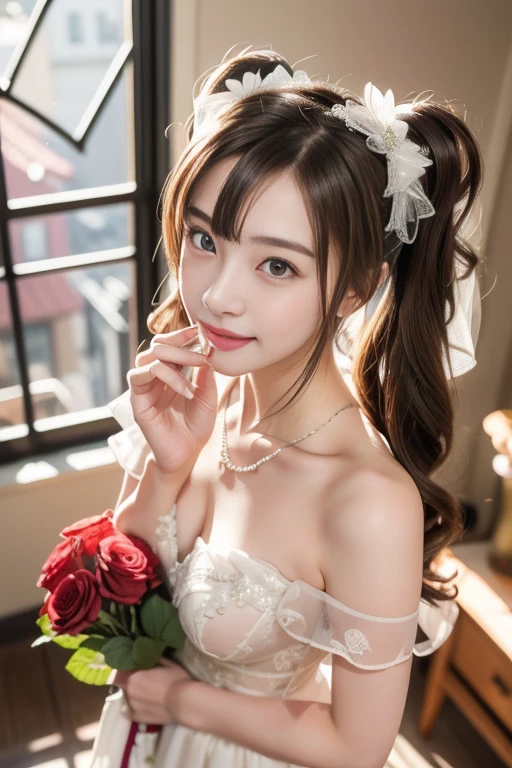 (from above:1.2),(from side:0.9), ((Face)), (Close-Up:0.4), ((looking at viewer, holding a bouquet to his mouth)), highest quality、(real、photorealistic:1.4)、(RAW photo:1.2)、very detailed CG unity 8k wallpaper, delicate and beautiful, wonderful, Fine detail, official art, huge file size, Ultra-detailed, very detailed girl, very detailed eyes and face, Bright on the face、(20 age girl:1.0)、small smile, smiling, (twintail hair:1.25), hair between eyes, hair twintails, (long hair:1.25), tiara,ruany,off-shoulder dress,pearl ,(gemstone),tiara,veil,wedding dress, wedding necklace, wedding long gloves, (luxurious bouquet), chapel, Stained glass,(best quality, highres, masterpiece:1.2), ultra-detailed, (realistic:1.37) illustration, erotic style, soft lighting, sweat glistening on her body, gentle warmth, mysterious, small breast,narrow waist,(with sparkling eyes and a contagious smile),her thin pubic hair, looking at viewer, 