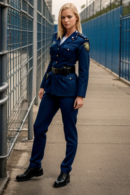Very attractive blonde woman, prison guard. navy-blue eyes, facing the camera. Standing on the other side of jail bars. Safe for work.