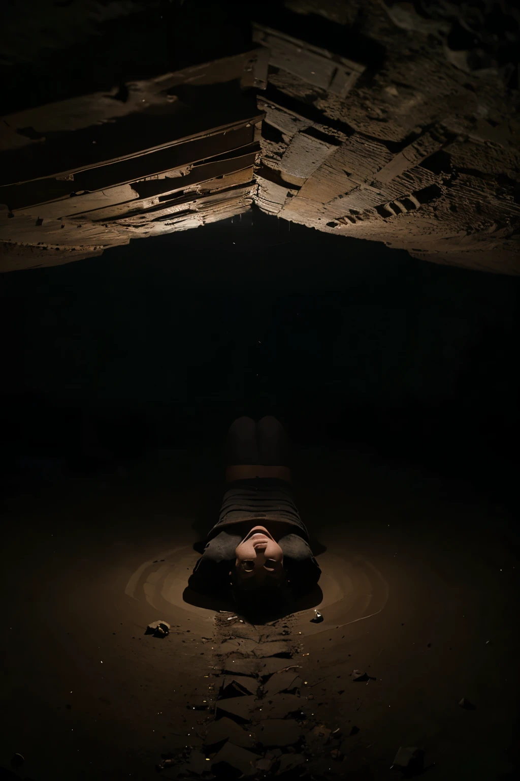 a person inside a dirty and dark vertical well bottom