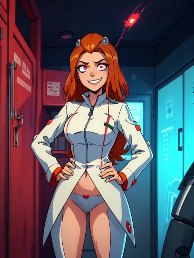 Sfw, mind control Sam by spider helmet robot, ginger hair, 'I have Sam's body', successfully possessed Sam, Glowing red piercing eyes, pervy evil grin, 'this is my body now', hahahaha, satisfying looks, venus body, , wearing white laboratory coat with green spy suit underneath, hands on hip, spider helmet