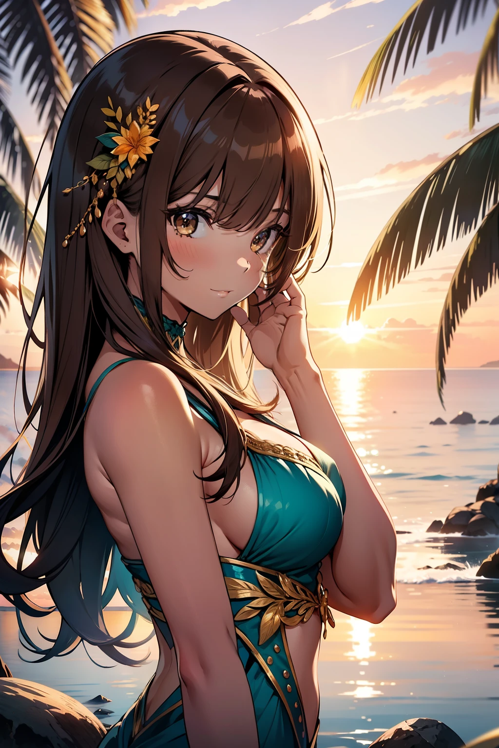 She is a radiant beauty with brown hair cascading down her shoulders, framing her face as the sun sets over the tranquil blue sea shore. Her sparkling brown eyes mirror the ocean's depths as she takes a leisurely sip from a coconut shell. The high-resolution image captures every intricate detail of her upper body, adorned with a golden masutapiece, as she signals for someone to join her in the crystal-clear water. The vivid neon background of the sunset paints an enchanting scene, accentuating her toned and detailed limbs. She is the living embodiment of a top-quality masterpiece, perfect in every way.