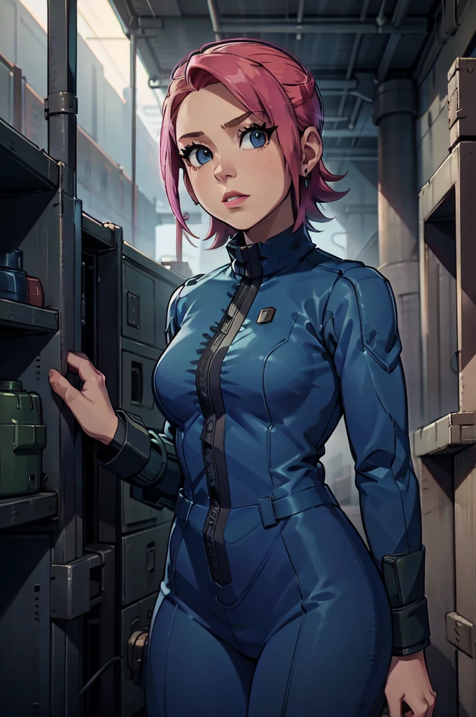 Mayl Sakurai reimagined as a vault dweller, doing maintenance in an underground vault. Her vibrant pink hair stands out against the dimly lit environment. She is a 26-year-old woman dressed in a vault dweller jumpsuit, indicative of her role in the post-apocalyptic world. The jumpsuit is worn but still functional, reflecting the harsh conditions of life underground. Her face is beautifully detailed, with expressive eyes that convey determination and intelligence. Her lips are also well-defined, adding to her overall allure.

In the vault, Mayl Sakurai is seen operating a pipboy, a wrist-worn device that serves as an essential tool and information hub for survival in the vault. The pipboy's screen emits a soft glow, illuminating Mayl's face and casting a subtle green hue on the surroundings. The details on the pipboy, from its buttons to its display, are extremely detailed, showcasing its futuristic design.

The underground vault is filled with mechanical equipment and pipes, emphasizing the importance of maintenance in this post-apocalyptic world. The atmosphere is gritty and industrial, with a hint of mystery and danger. The lighting is dim and has a hint of blue tones, enhancing the underground ambiance.

Despite the grim surroundings, Mayl Sakurai exudes confidence and strength as she jumps into action, ready to fulfill her duties as a vault dweller. Her posture and expression suggest that she is prepared to face any challenge that comes her way.

The image quality should be at its best, with 4K resolution and ultra-detailed rendering, capturing every intricate detail of the scene. The colors should be vivid, emphasizing the contrast between Mayl's vibrant pink hair and the dimly lit environment. The overall style should lean towards a post-apocalyptic concept art aesthetic, blending realism with a touch of fantasy.

In summary, the Stable Diffusion prompt for the provided theme would be:
Mayl Sakurai reimagined as a vault dweller, doing maintenance in an undergr