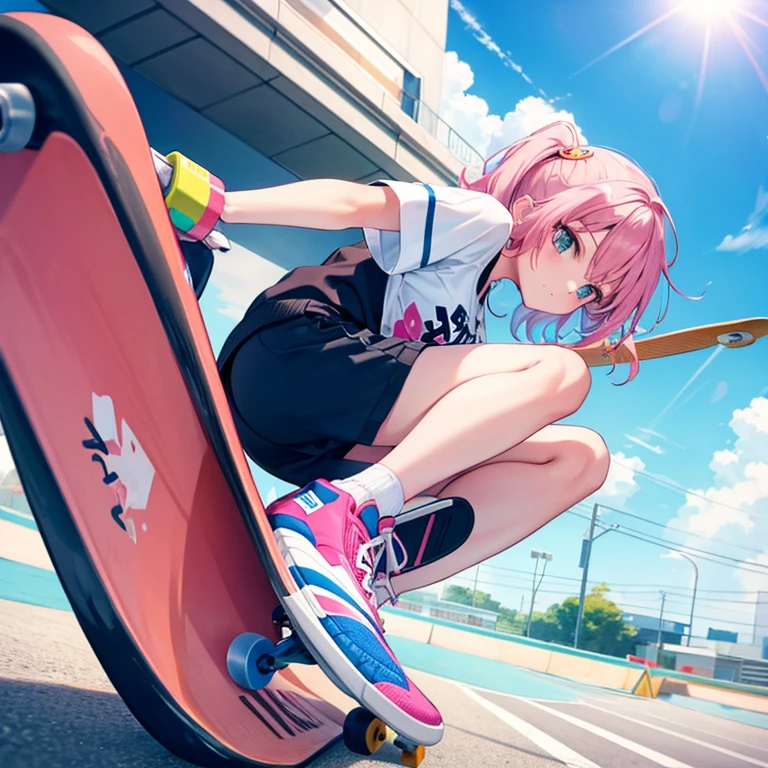 Close-up of a person riding a skateboard on a skateboard ramp、Brightly colored anime style, Pink-chan&#39;s rough々A fierce and intense illustration, 20 year old anime character, Jump high into the sky on a skateboard. In the background、A skateboard park with breakdancing elements is depicted high in the sky., Dynamic high jump. The image is a dynamic and vibrant angle from below., Use a thicker, Exaggerated lines and brushstrokes to emphasize speed and action. Pink-chan has medium length pink hair with blue highlights., Bright Blue Eyes, There is a small mole next to his left eye.. She is about 150cm tall and slim.、Wearing a modern white hoodie and a blue butterfly hair accessory. The background is an urban skate park, Hand-drawn style rough々Drawn with a new aesthetic, Enhances the sense of wild energy and movement.