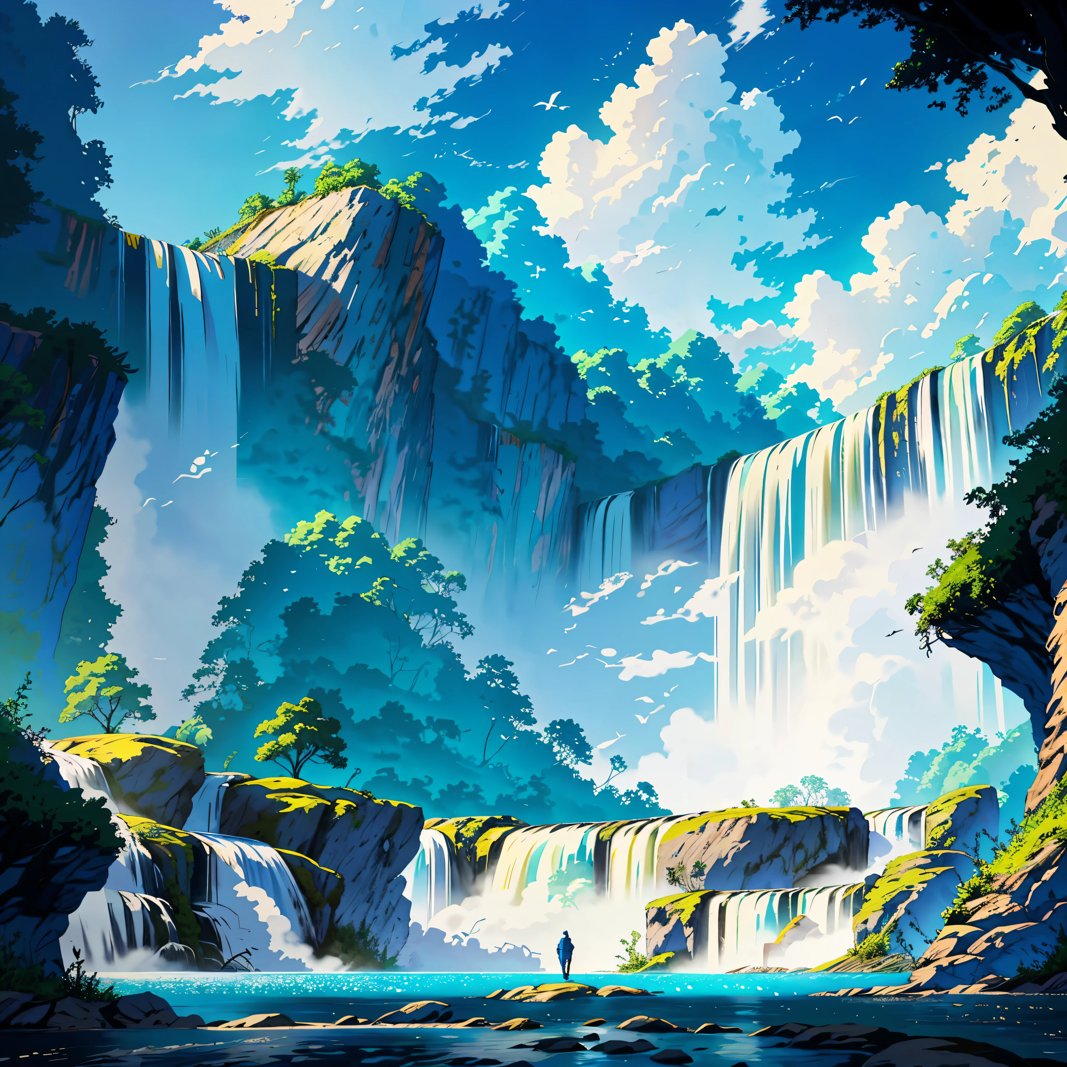 ConceptArt, no humans, scenery, water, sky, day, tree, cloud, waterfall, outdoors, building, nature, river, blue sky