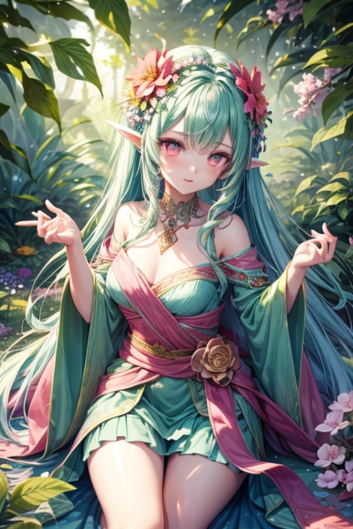 Alraune female half flower magical creature oja hair flower on the head from the waist down a carnivorous flower pale green skin pink eyes forest background with flowers