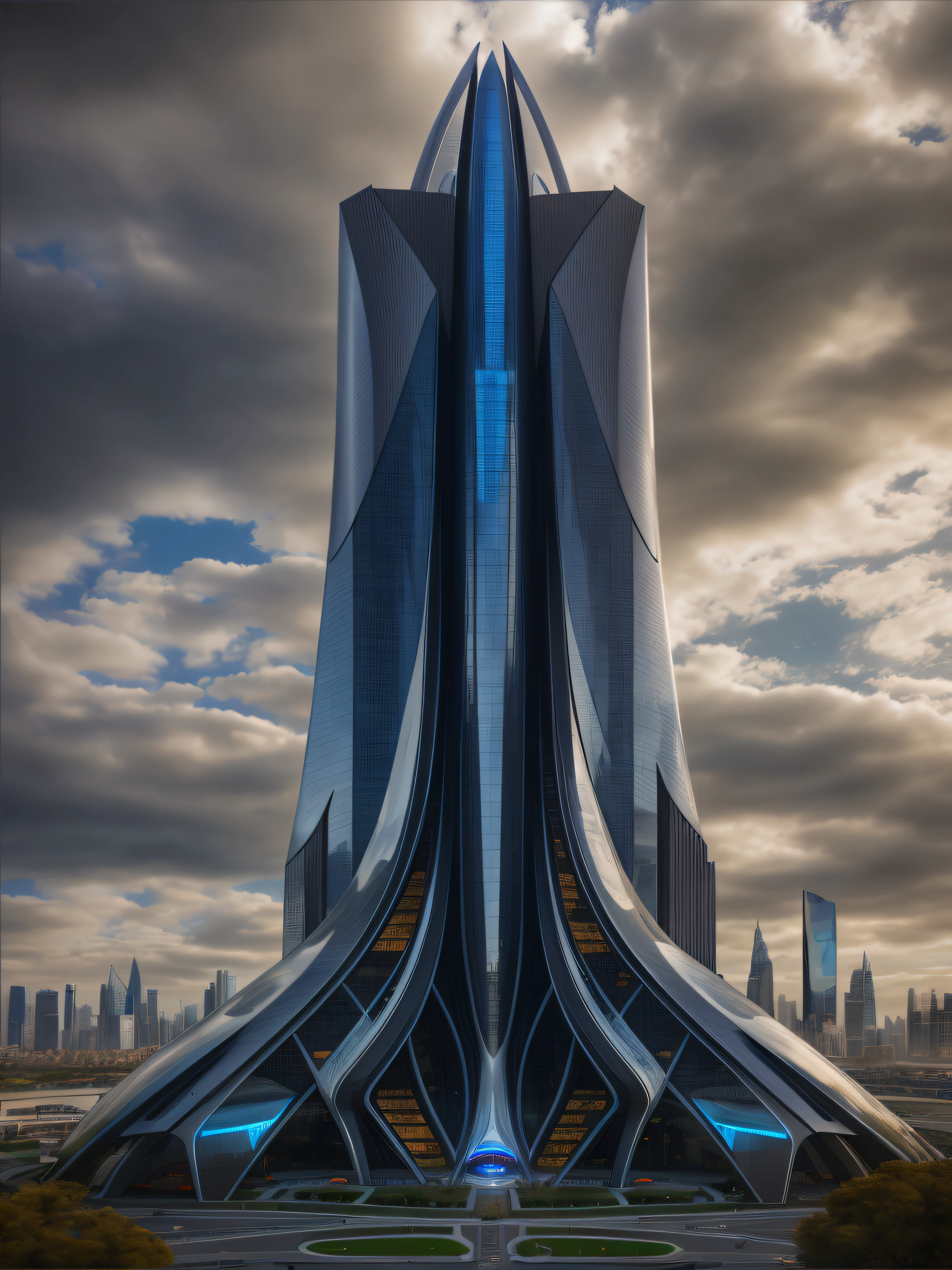Arafeld architecture,There is blue light on the top, futuristic skyscrapers, zaha hadid octane highly render, futuristic tower, inspired by Zha Shibiao, detailed futuristic architecture, in style of zaha hadid architect, inspired by Zaha Hadid, in style of zaha hadid, huge futuristic building, Photo of futuristic cityscape, futuristic palace, futuristic building