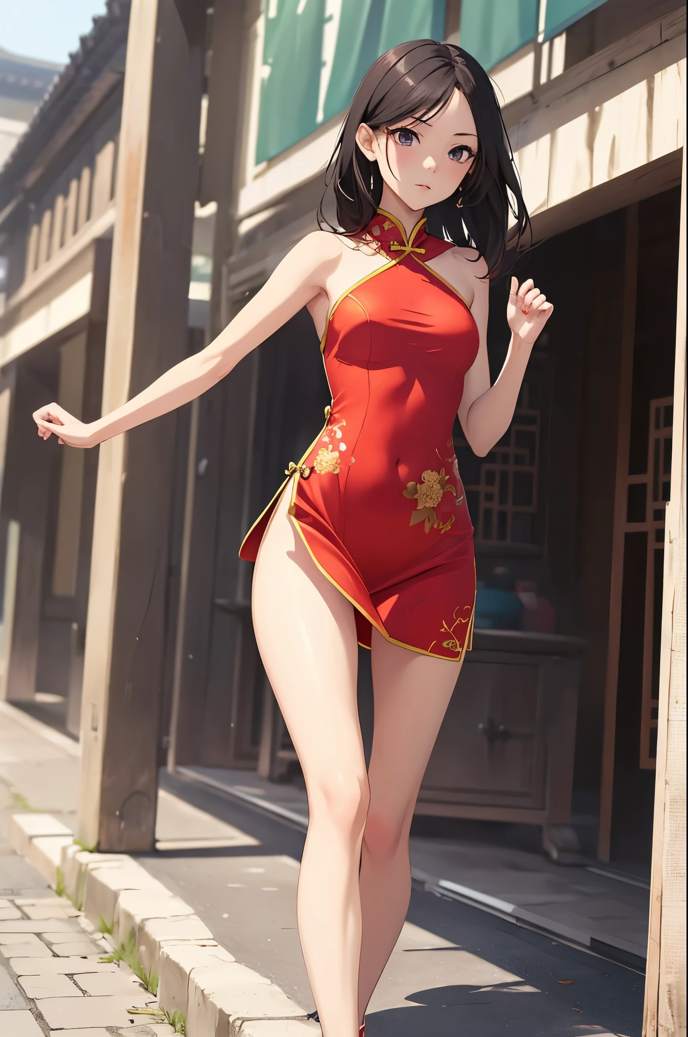 a sexy woman, (best quality), (masterpiece), (1girl), slim, anime, (flat chested), (chinese dress), (running), (protrait), (naked legs)
