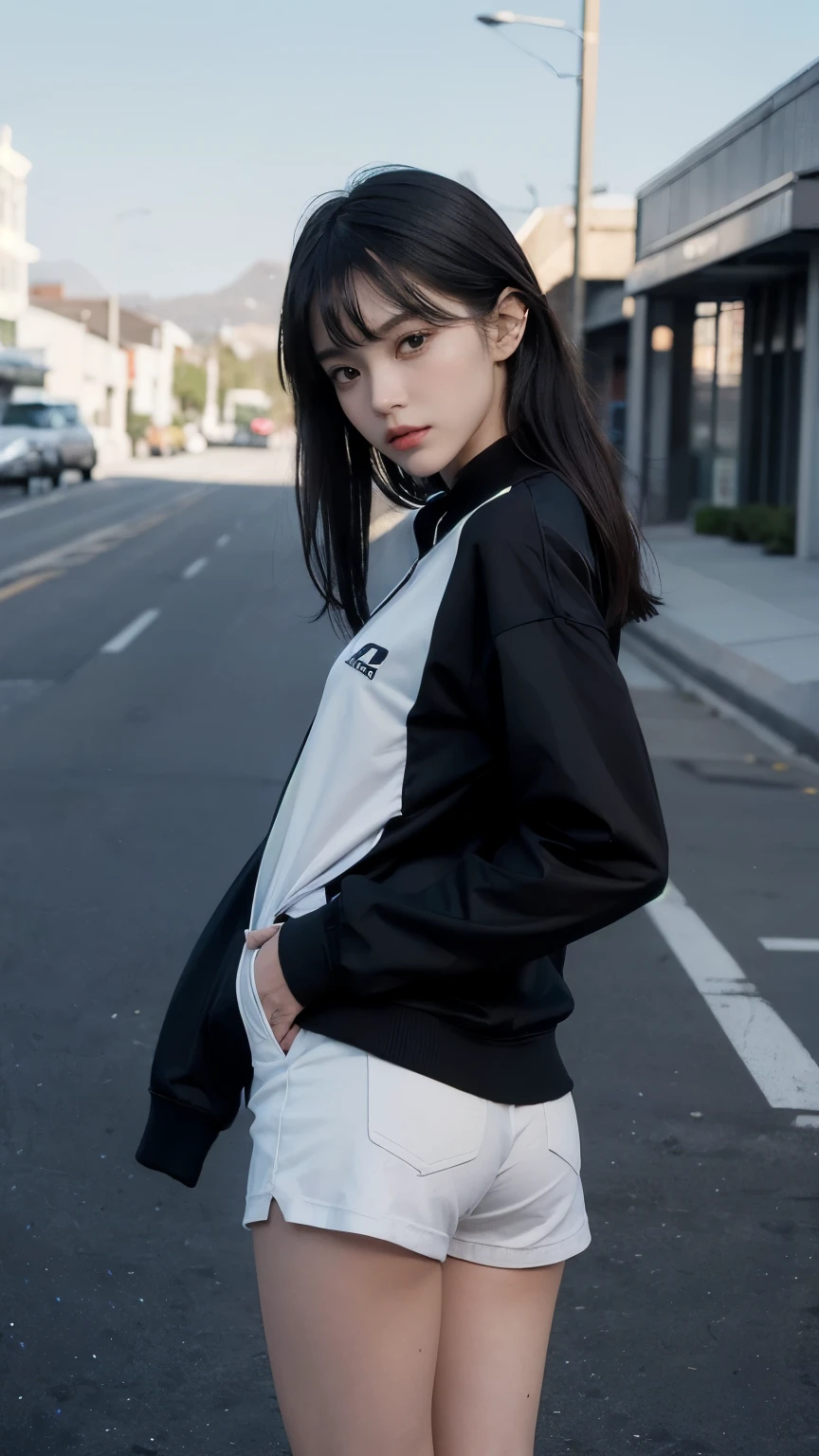 (((Backwards:2.0, Face your buttocks towards the camera:2.0, Accentuate your butt:2.0, Standing posture:2.0))), (((Clothing:2.0, Track jacket:1.8, white track shorts:2.0, sneakers:1.8))), ((Streetscape:1.5)), 1 Girl, solo, ((Short Hair:1.2, A grin:1.2)), 18-year-old, 7 heads, Ideal body proportions, Black Hair, With bangs, Small breasts, slender, Small Ass, Beautiful feet, Skinny Legs, Surrealism, Cinematic Lighting, Depth of written boundary, First Person View, F/1.8, 135mm, Ticker, Mastepiece, Curate, ((Anatomically correct:1.3)), Textured skin, Super Detail, High detail, High quality, Awards, Best Quality, High resolution, 8K
