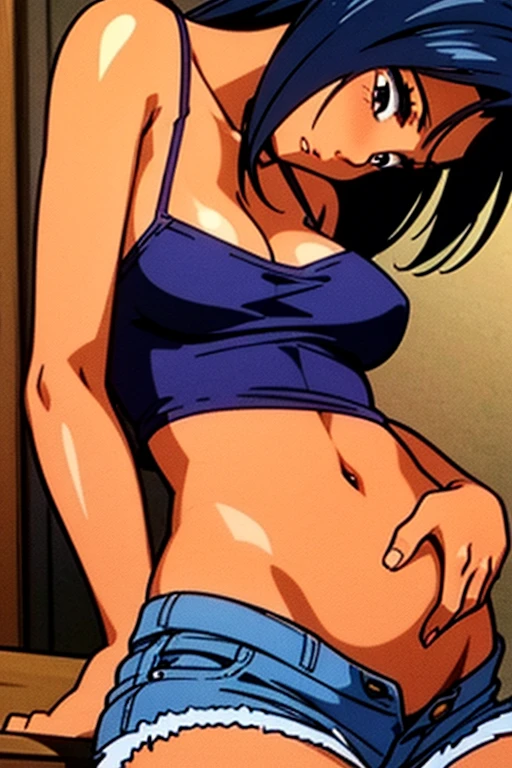 ((masterpiece)), (detailed), perfect face, dark tanned skin anime woman in a deep V-neck cami top, (jeans), starving, (resting hands on the stomach), (hands on the stomach), (slim woman), worried