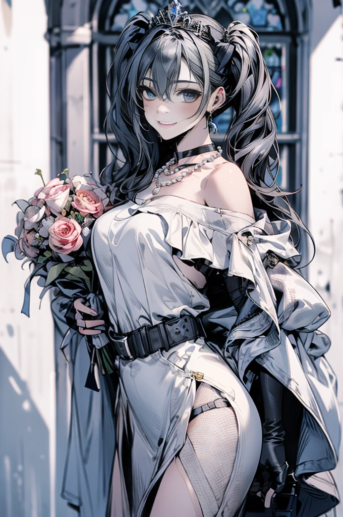 (from above:1.2),(from side:0.9), ((Face)), (Close-Up:0.4), ((looking at viewer, holding a bouquet to his mouth)), highest quality、(real、photorealistic:1.4)、(RAW photo:1.2)、very detailed CG unity 8k wallpaper, delicate and beautiful, wonderful, Fine detail, official art, huge file size, Ultra-detailed, very detailed girl, very detailed eyes and face, Bright on the face、(20 age girl:1.0)、small smile, smiling, (twintail hair:1.25), hair between eyes, hair twintails, (long hair:1.25), tiara,ruany,off-shoulder dress,pearl ,(gemstone),tiara,veil,wedding dress, wedding necklace, wedding long gloves, (luxurious bouquet), chapel, Stained glass,(best quality, highres, masterpiece:1.2), ultra-detailed, (realistic:1.37) illustration, erotic style, soft lighting, sweat glistening on her body, gentle warmth, mysterious, small breast,narrow waist,(with sparkling eyes and a contagious smile),her thin pubic hair, looking at viewer,