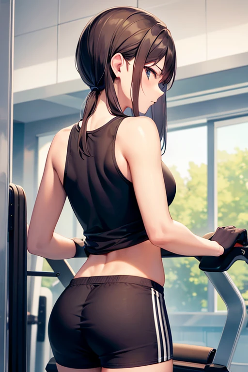 a girl in the gym with long brown hair (from back)
