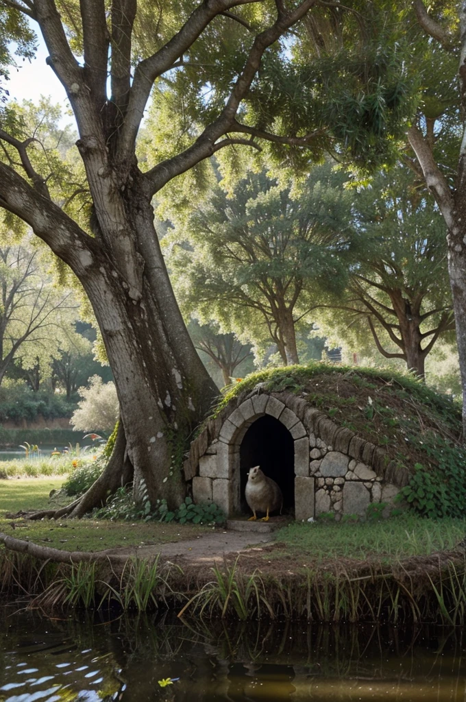Based on text description, You could draw a swamp scene that includes a large tree with a burrow at its base., rodeado de helechos secos y dorados. You could add a mossy rock to the right of the burrow entrance, donde el gato a menudo se sienta. The landscape could also show the swamp water and some aquatic plants, as well as birds and other animals mentioned in the text, como los cuervos, ardillas y garzas. Remember to add details that reflect the change of season, such as the presence of frost or the absence of leaves on trees.